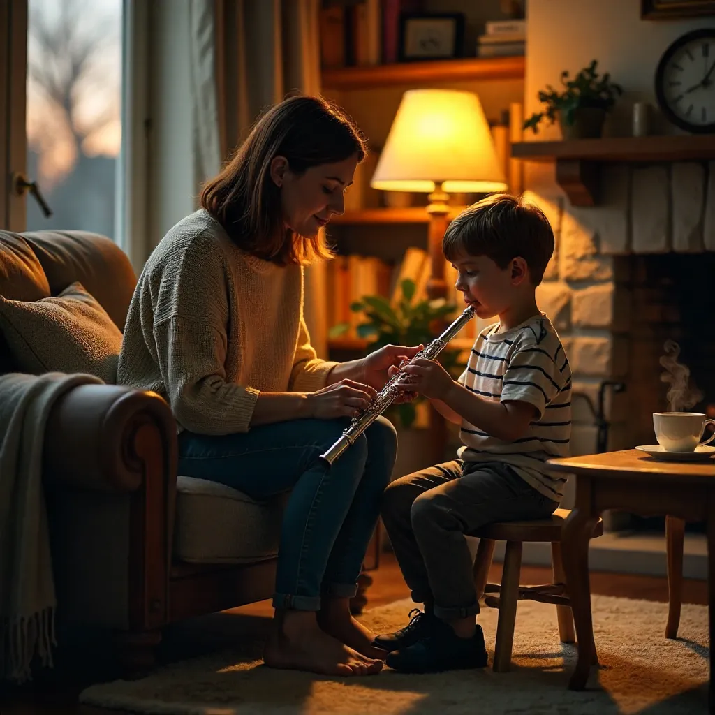 Cozy living room flute lesson: woman guiding a boy