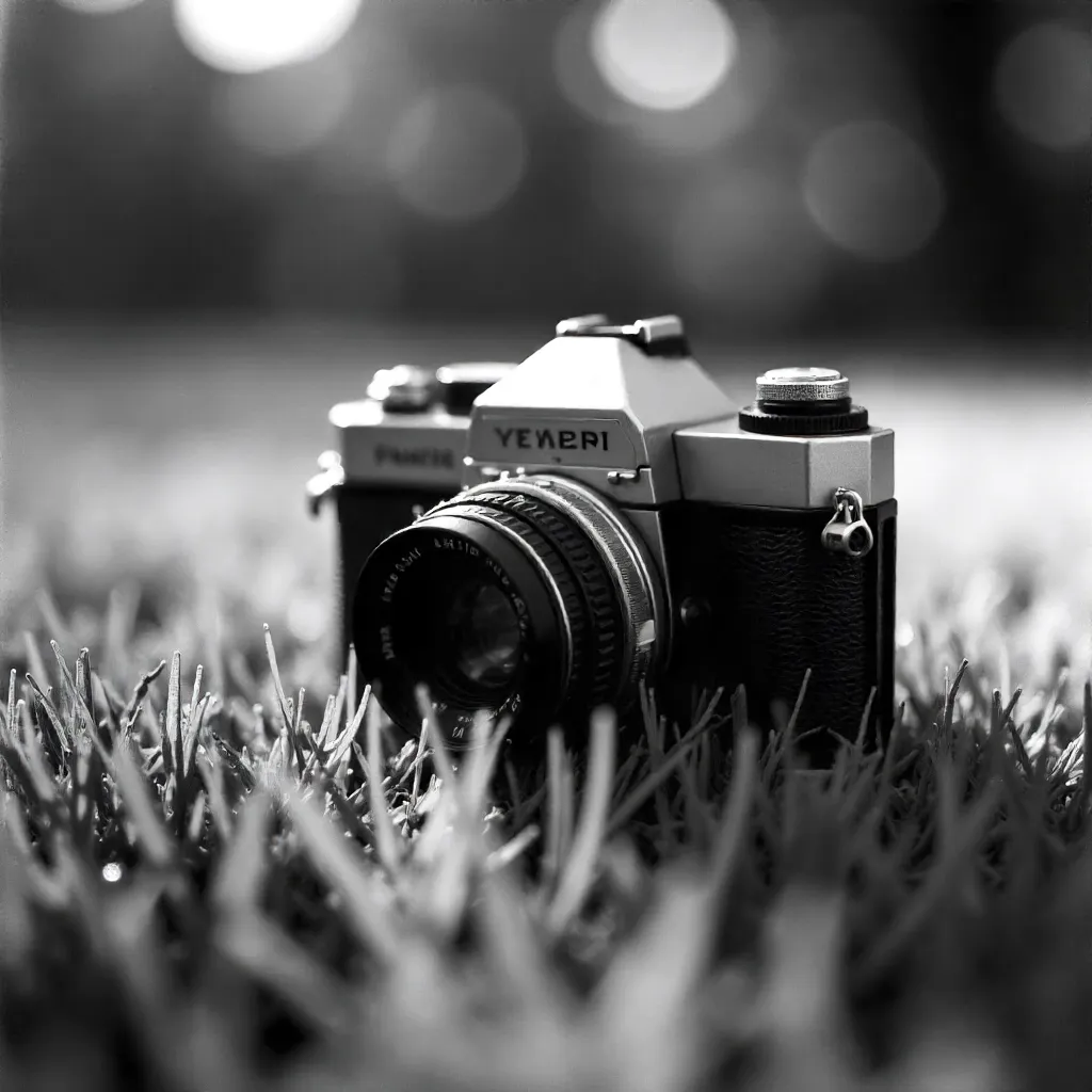 Vintage Black-and-White Camera on Grass