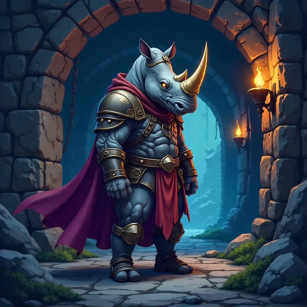 Anime-Style Rhino Adventurer in a Dim Dungeon