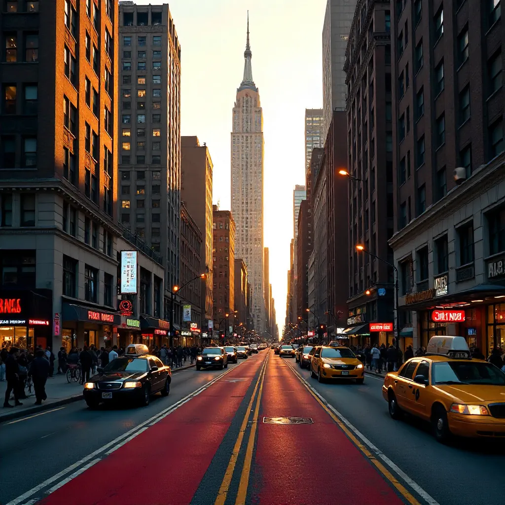 Bustling NYC Street with Chrysler Building and Red Bus Lanes
