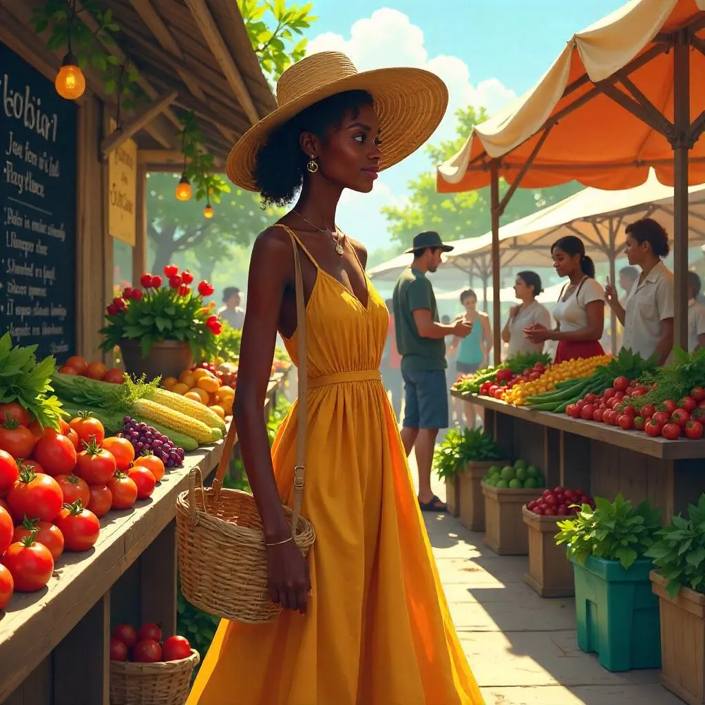 Elegant Black Girl at a Luminous Farmers Market