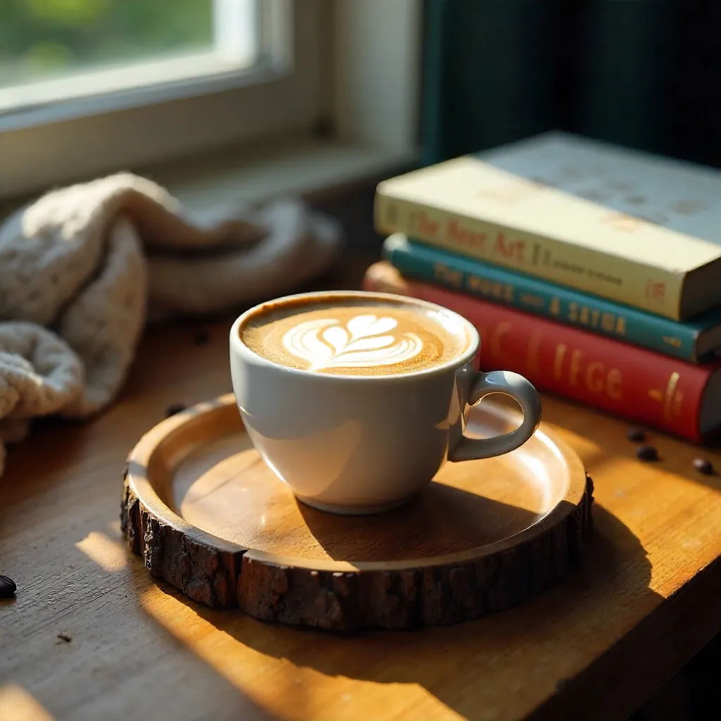 Latte Art Espresso on Wooden Tray beside Art Books