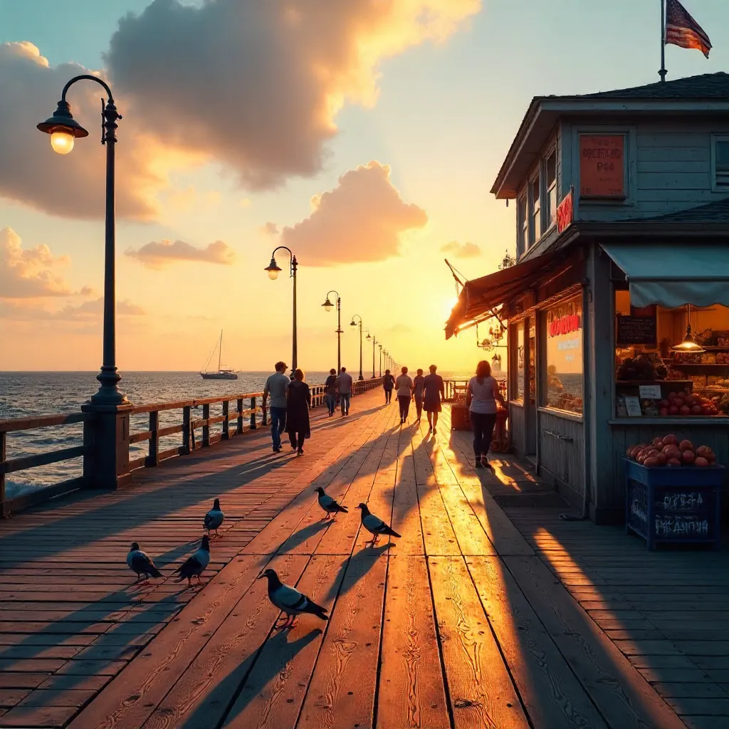 Golden Hour Pier: Visitors, Pigeons, and a Nearby Market
