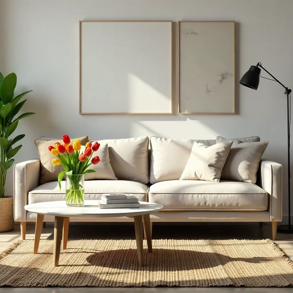 Stylish Living Room with Tulips on a Coffee Table