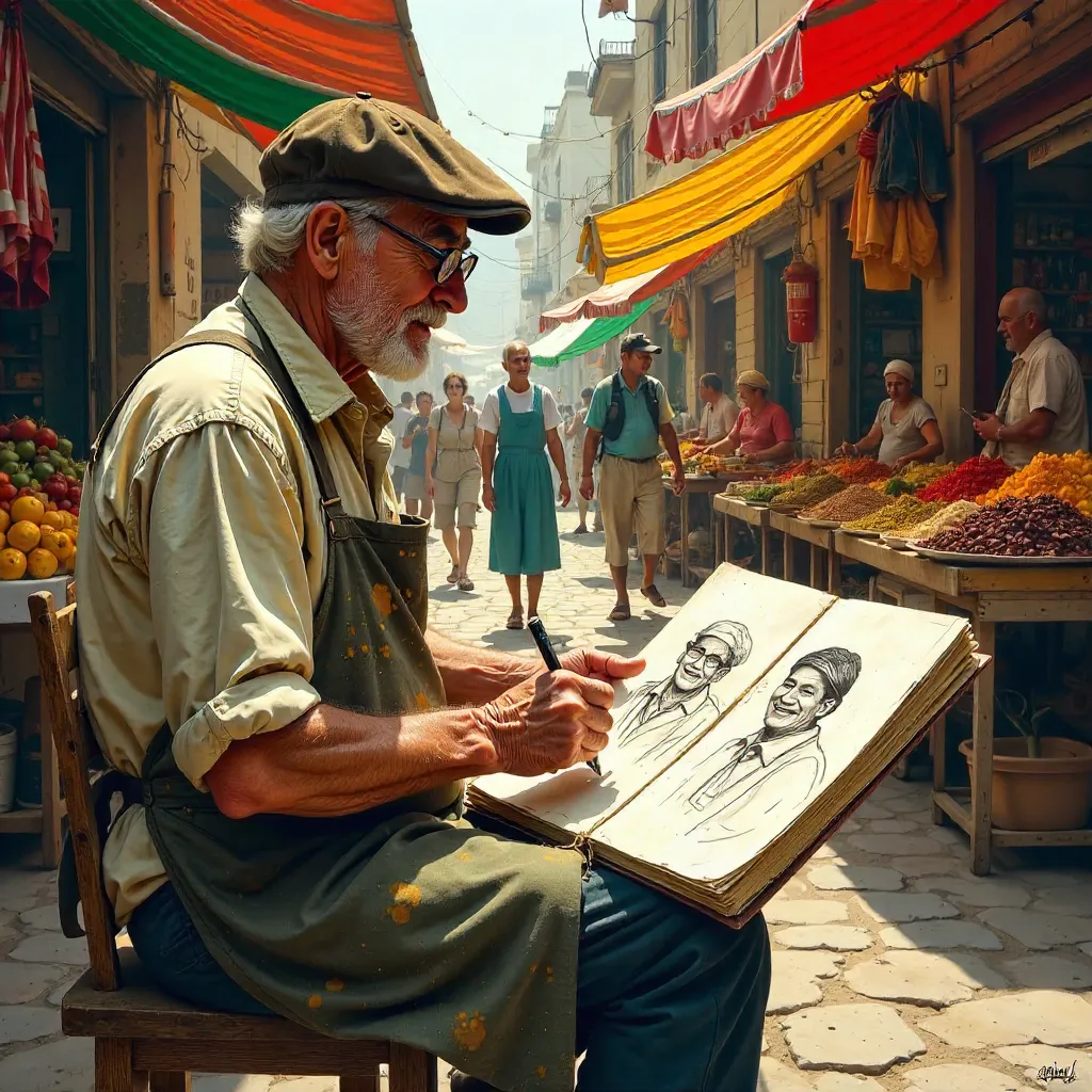 Portrait Sketcher at a Lively Street Market
