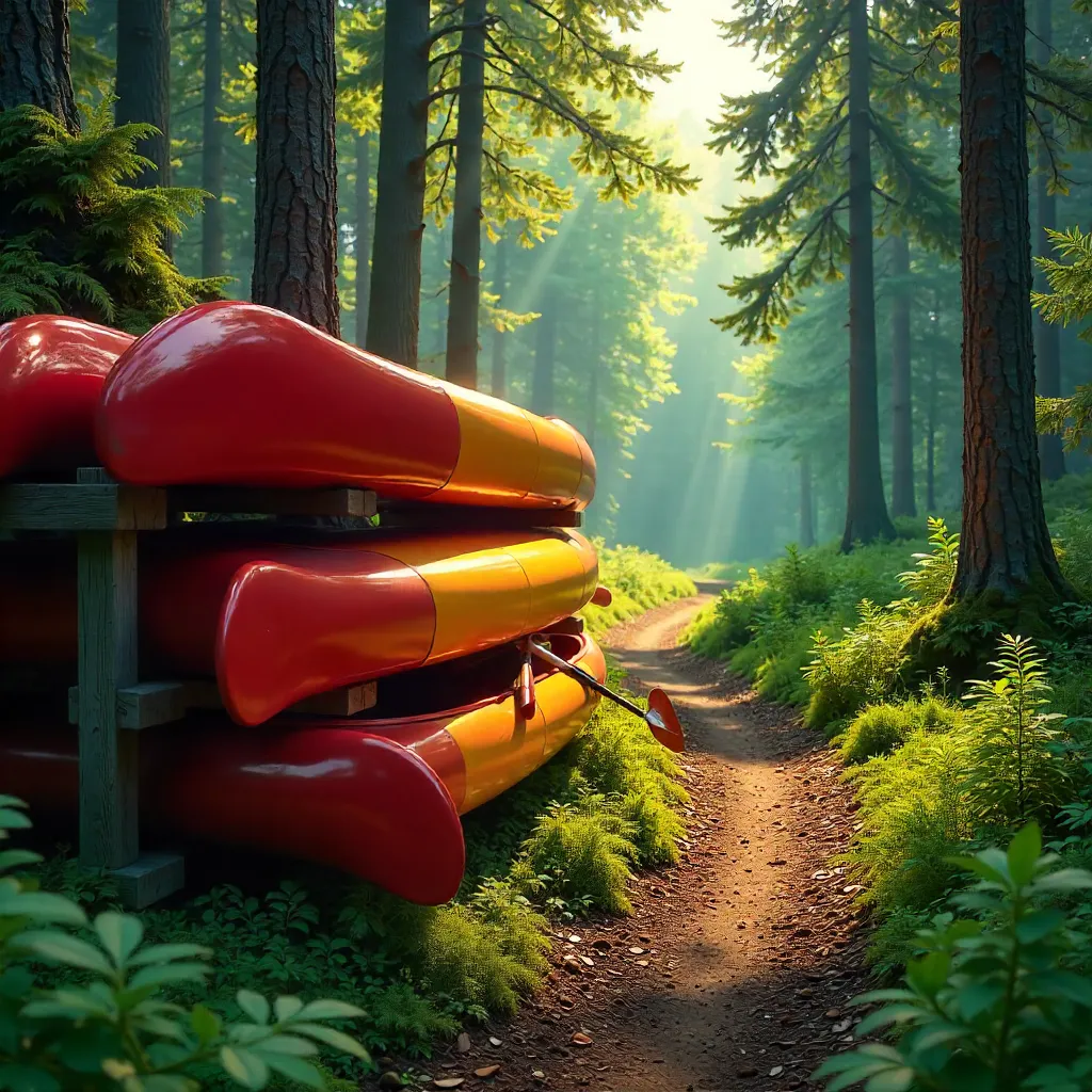 Vibrant Canoes in a Lush Forest Adventure