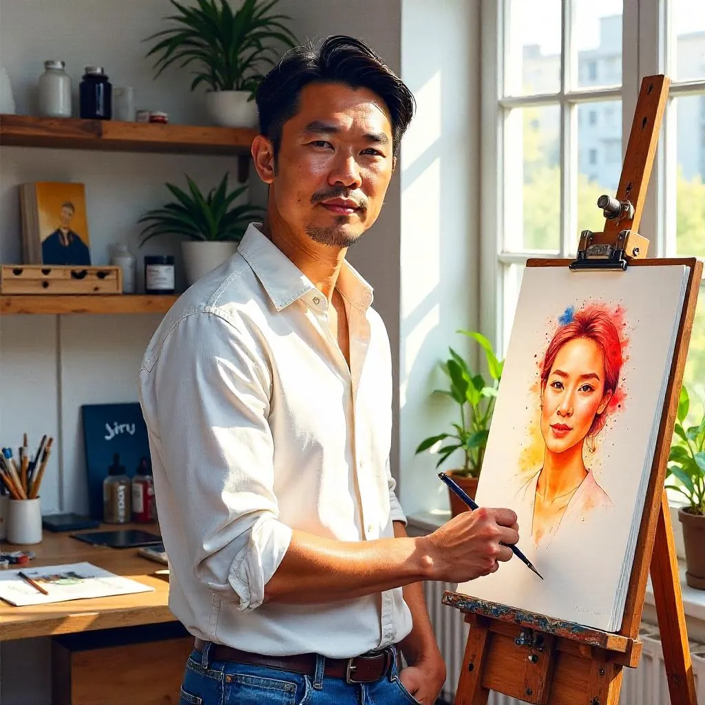 Confident Asian Man in a Watercolor Studio