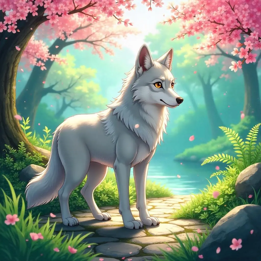 Anime Wolf in a Lush Garden
