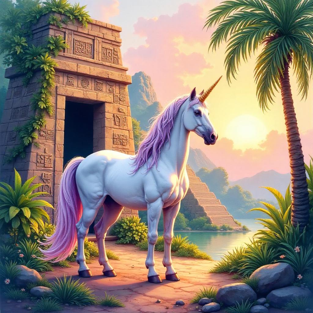 Watercolor Unicorn Among Ancient Mayan Ruins