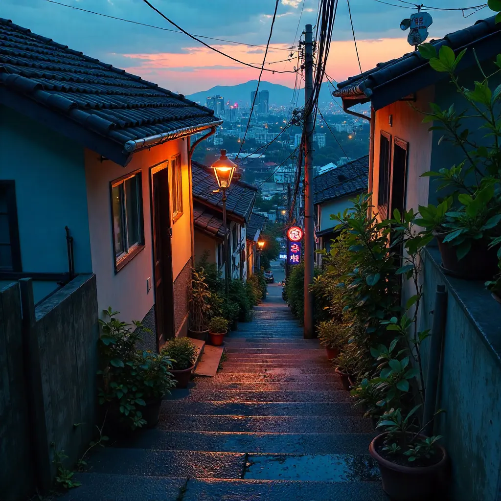 Twilight Stairs to a Seoul Neighborhood House
