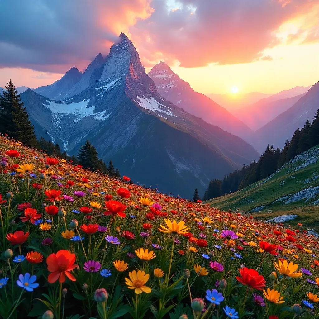 Sunrise Over Wildflower Mountains with Clouds