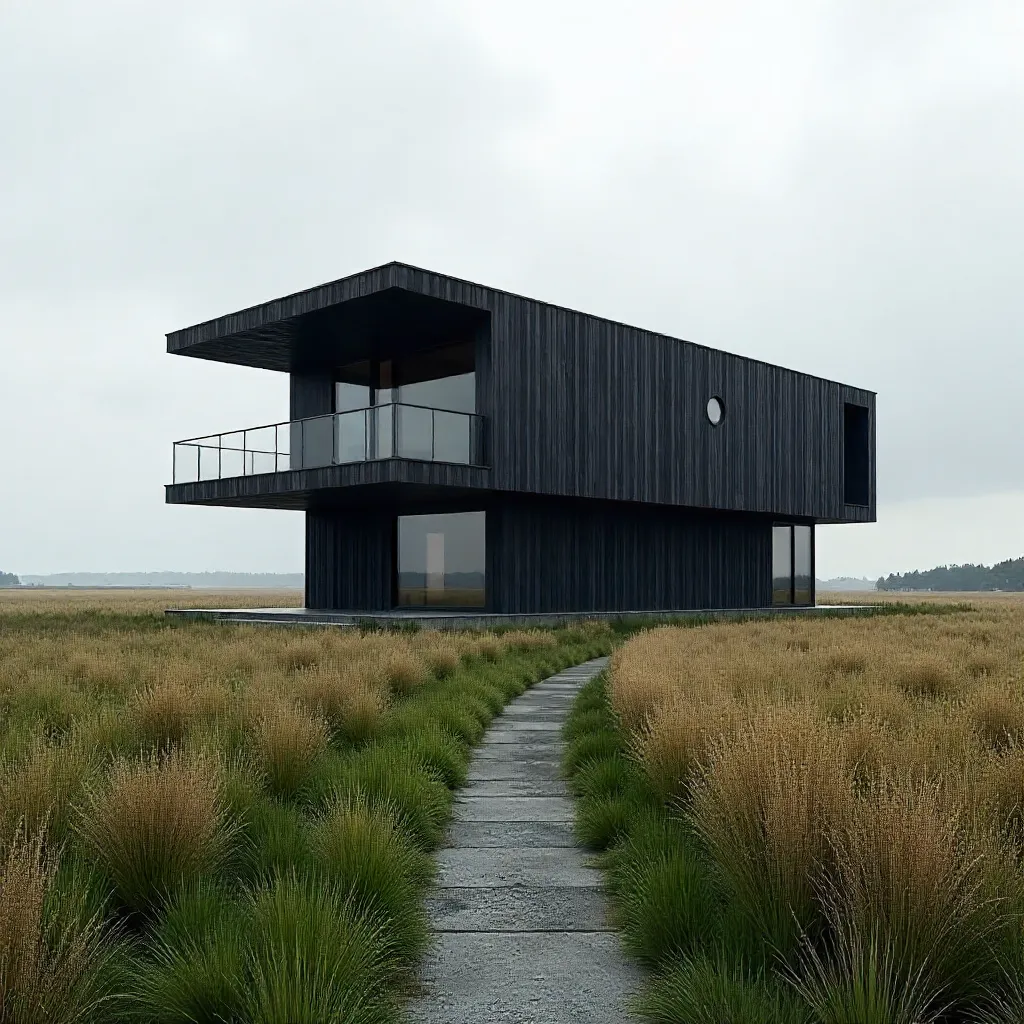 Dark Exterior Contemporary House in a Grassy Field
