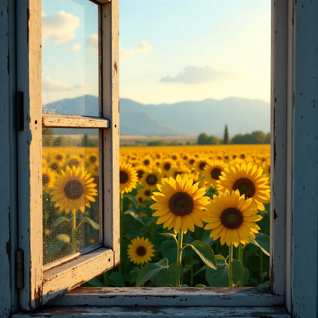 Sunflower Field Through a Weathered Window Frame