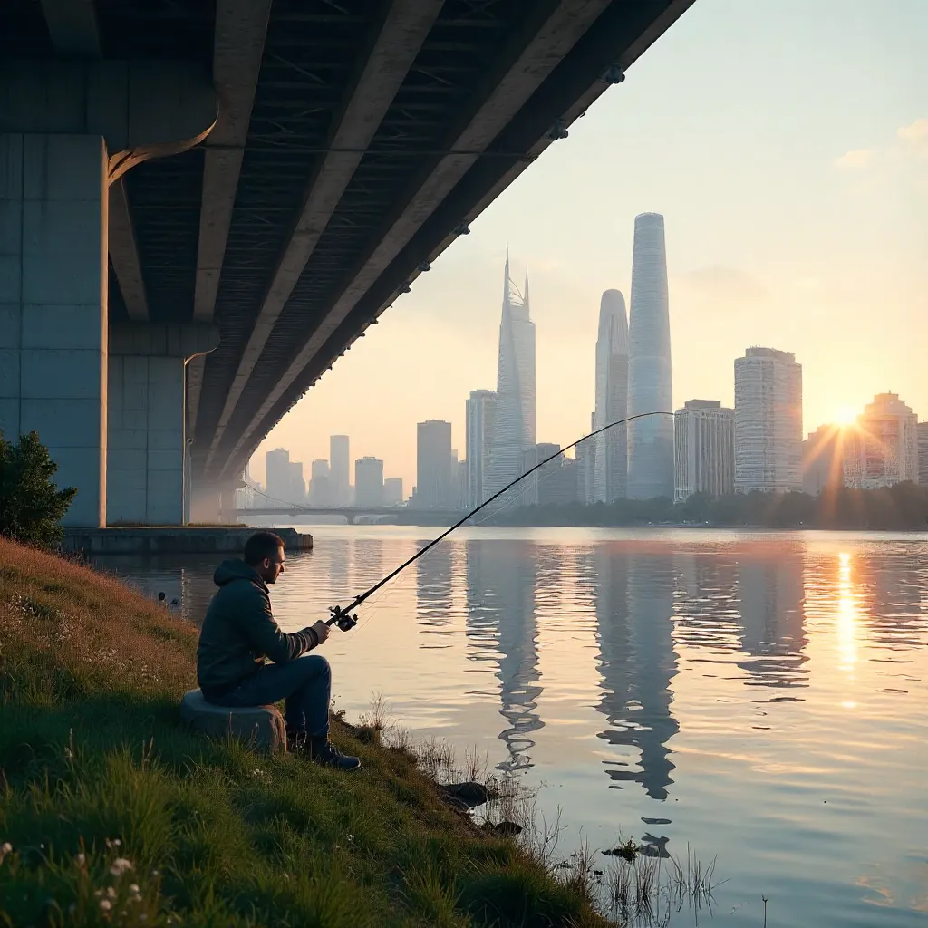 Serene River Fishing Beneath a Grand City Bridge