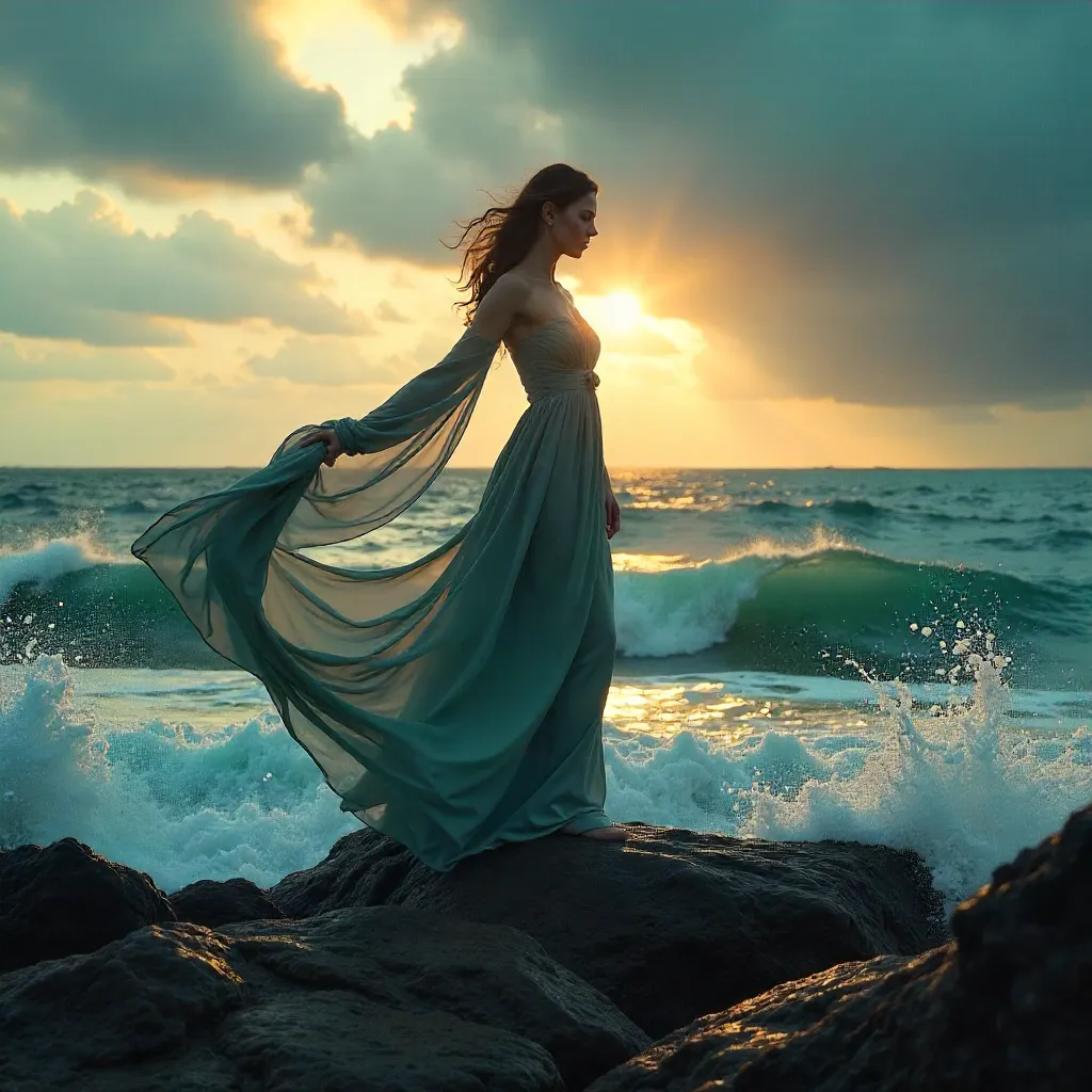 Storm-Washed Figure on Sea Rocks