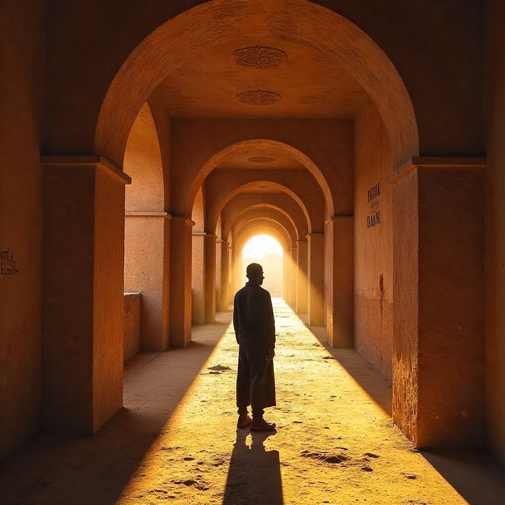 Silhouette in Gombe's Historic Arched Corridor