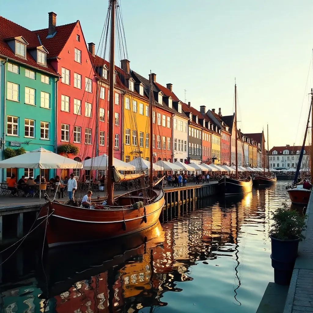 Colorful Nyhavn Waterfront with a Classic Copenhagen Boat