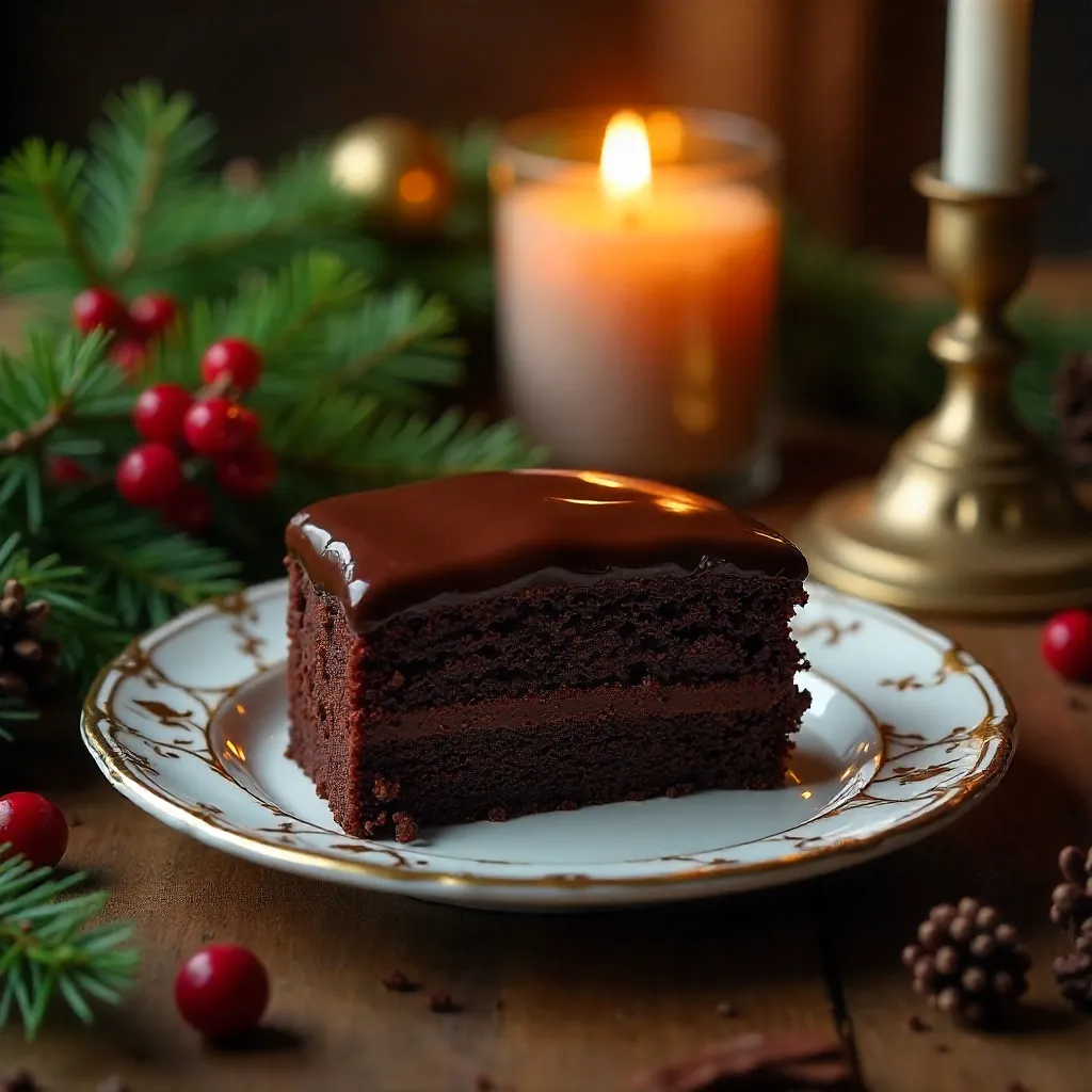 Chocolate Cake Slice by Candlelit Holiday Table