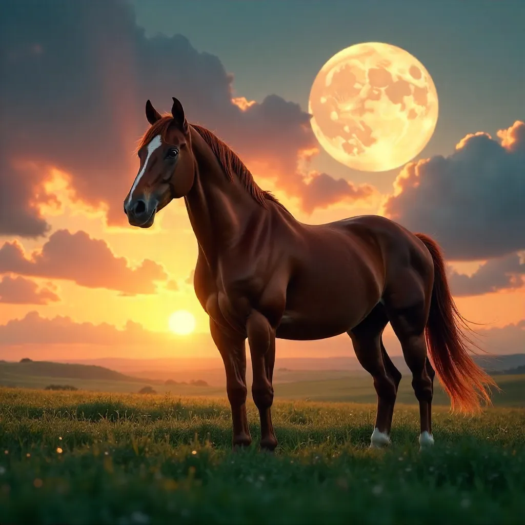 Moonlit Sunset Stallion in a Grassy Field