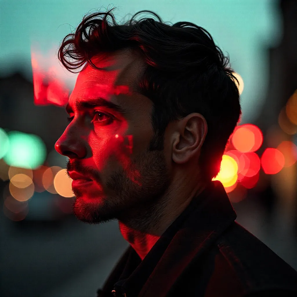 Emotional Double Exposure: Red Motion Portrait