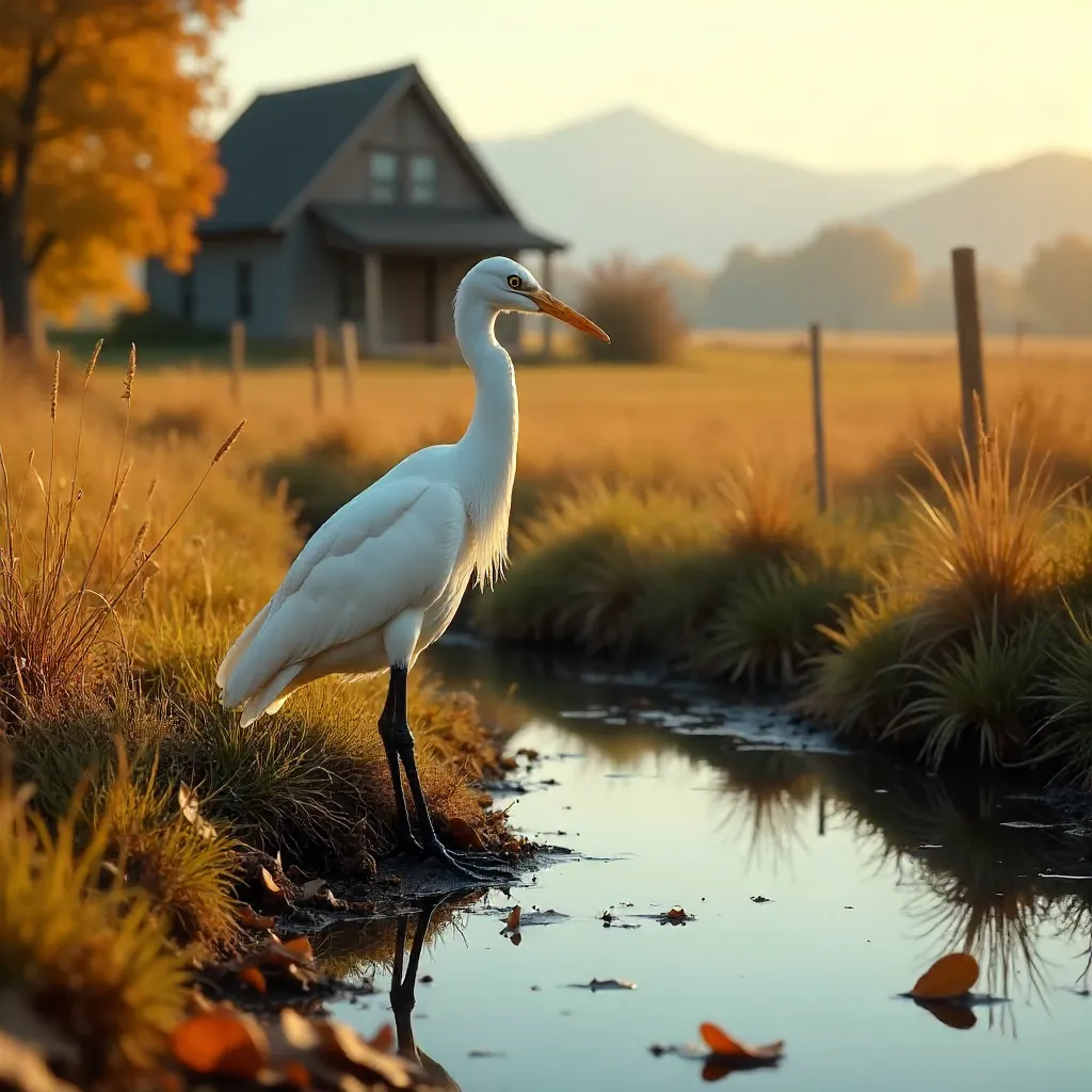 Solitary Cattle Egret in Autumn Sunlit Rural Landscape