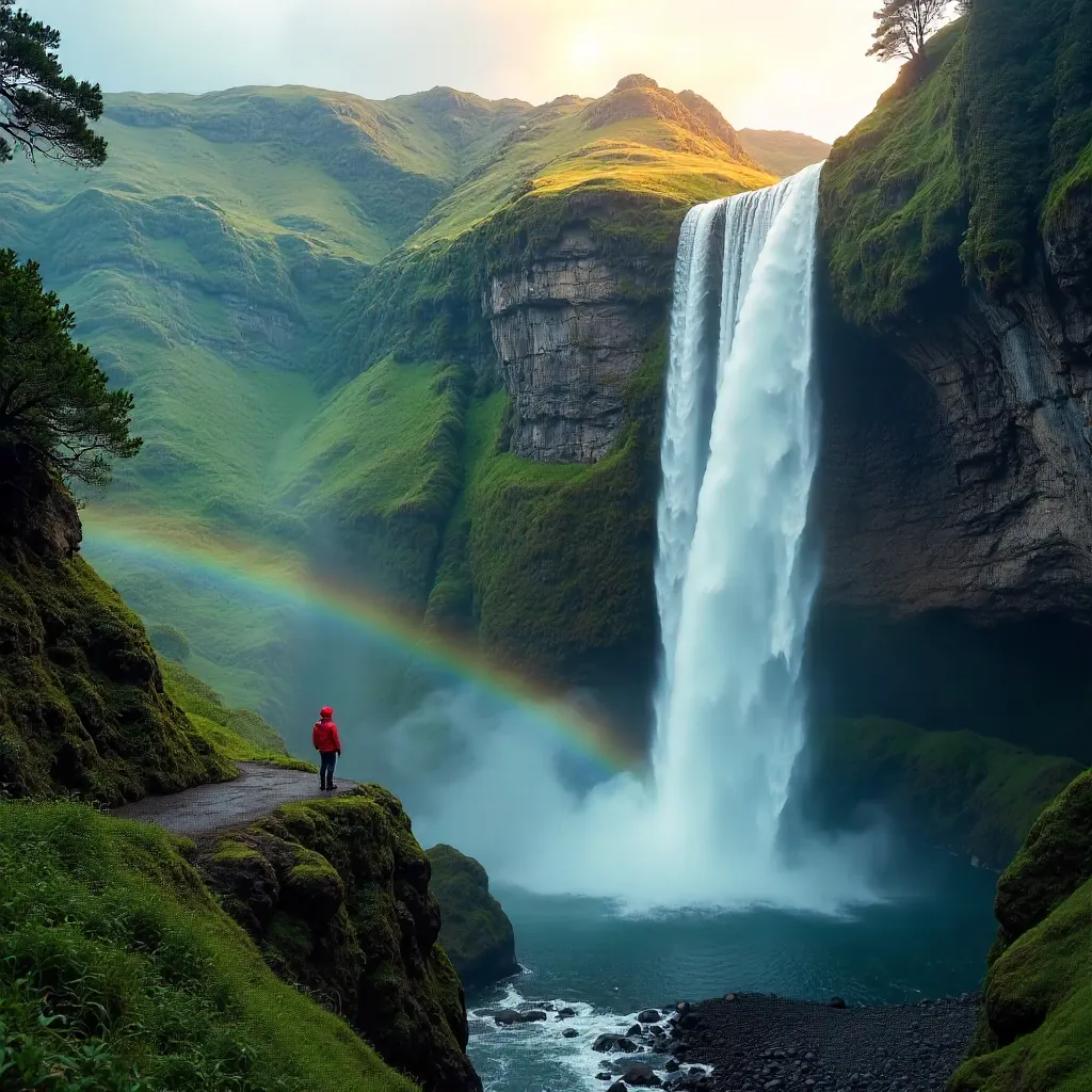 Stunning Islandia Waterfall with Tiny Figure for Scale