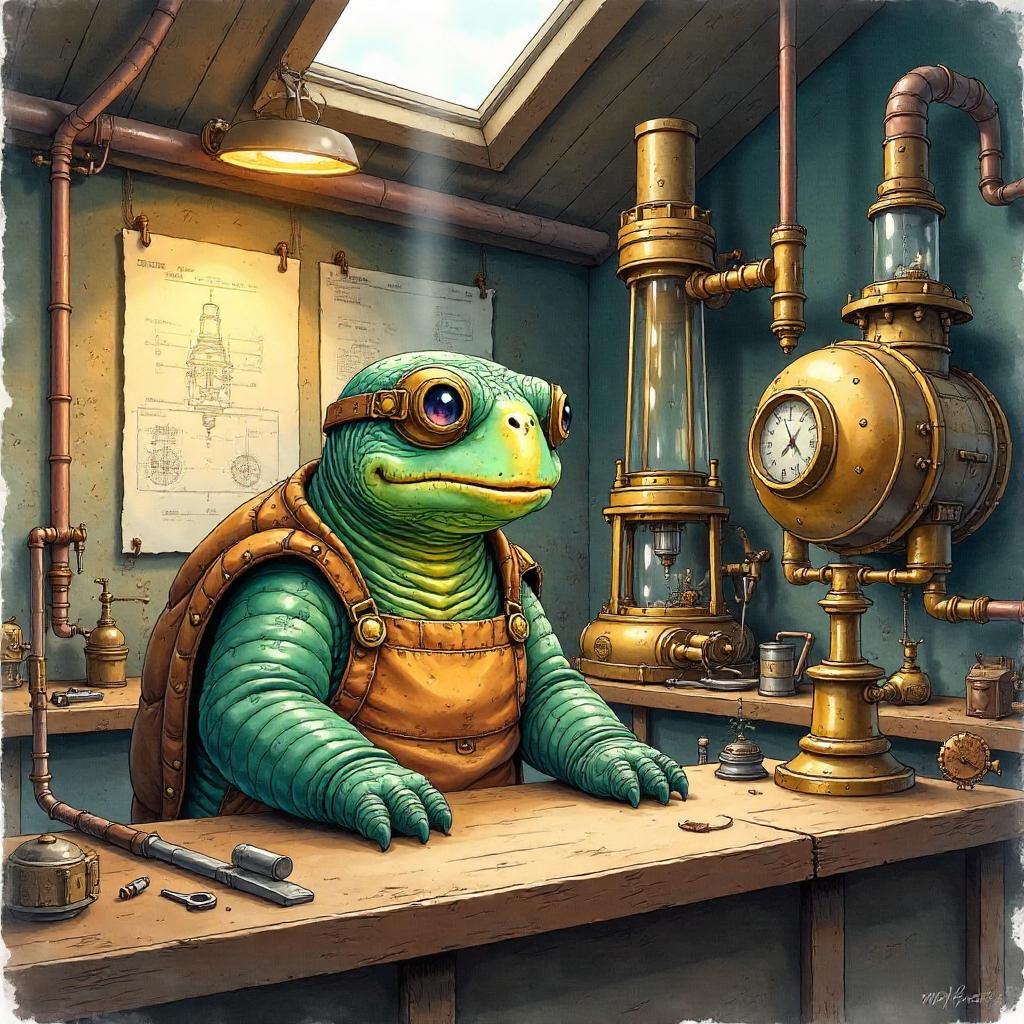 Turtle Apprentice in a Steampunk Workshop