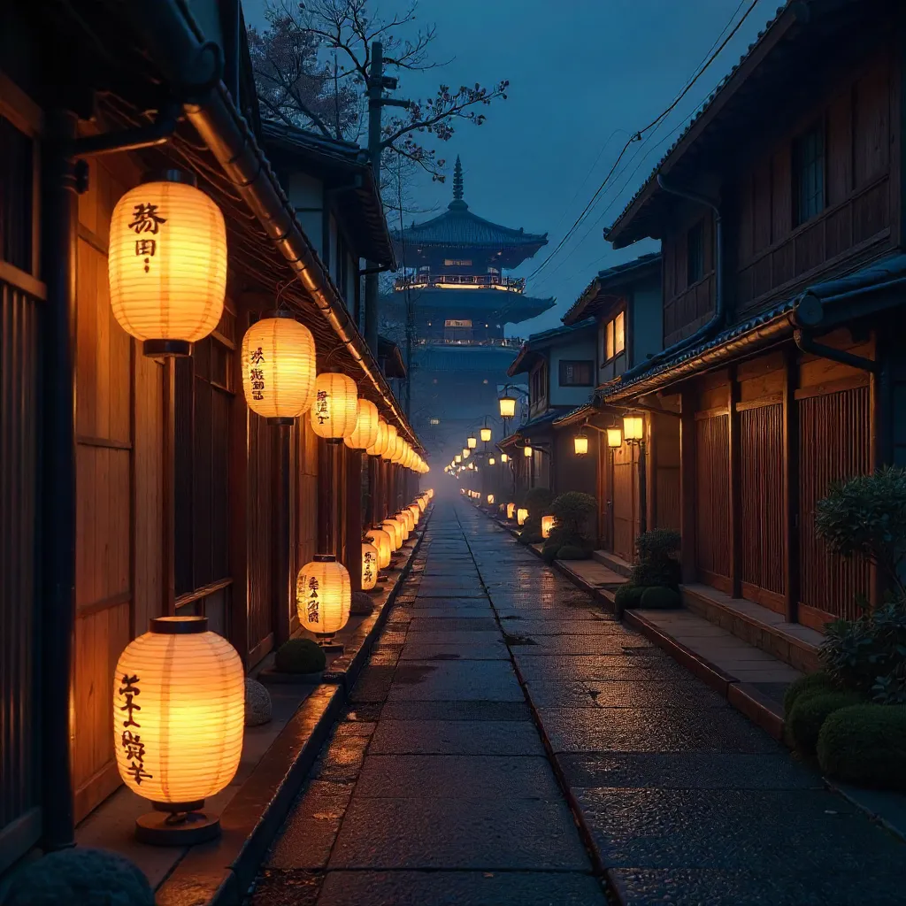 Warm Night Glow from Traditional Japanese Paper Lanterns