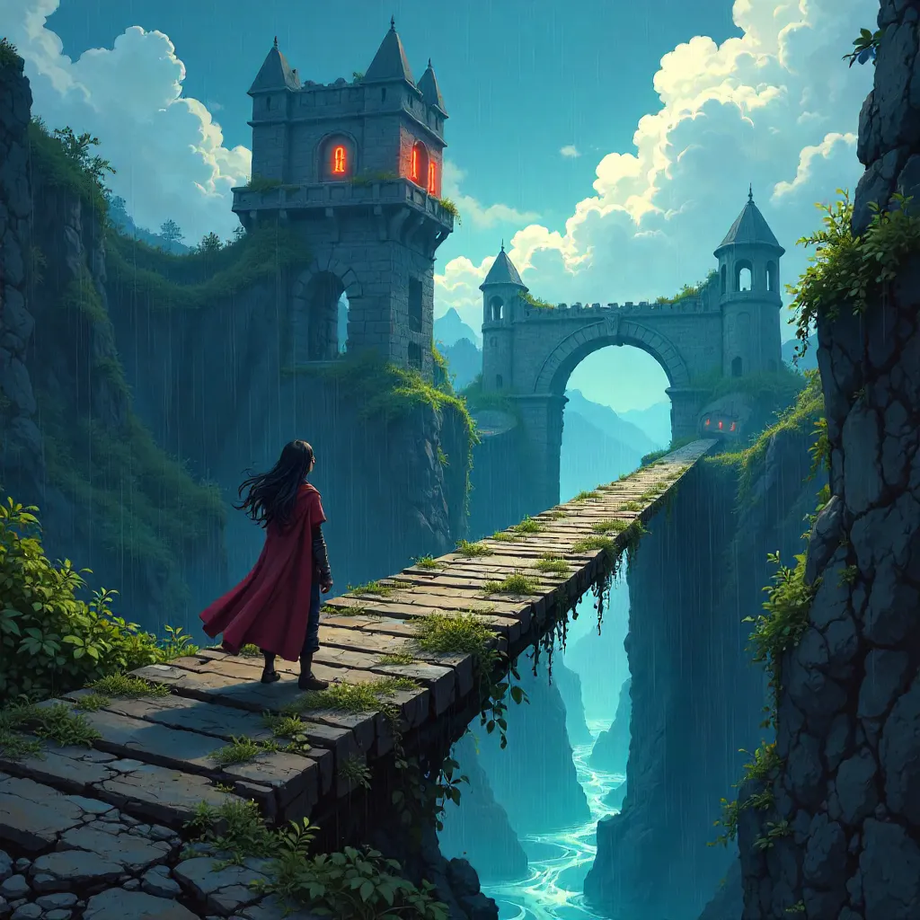 Anime Ruins on a Mossy Drawbridge