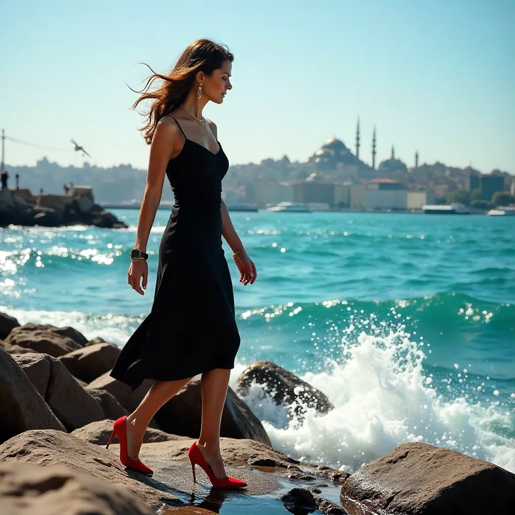 Chic Istanbul Seaside Walk in Black Dress and Red Heels