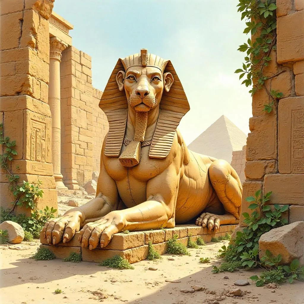 Whispering Sphinx in Watercolor Ruins