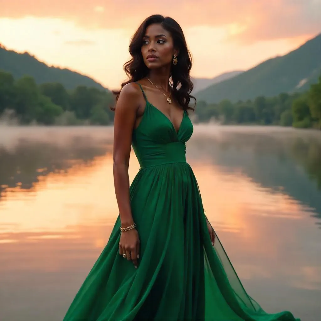 Elegant Black Woman by a Lake, Photorealistic