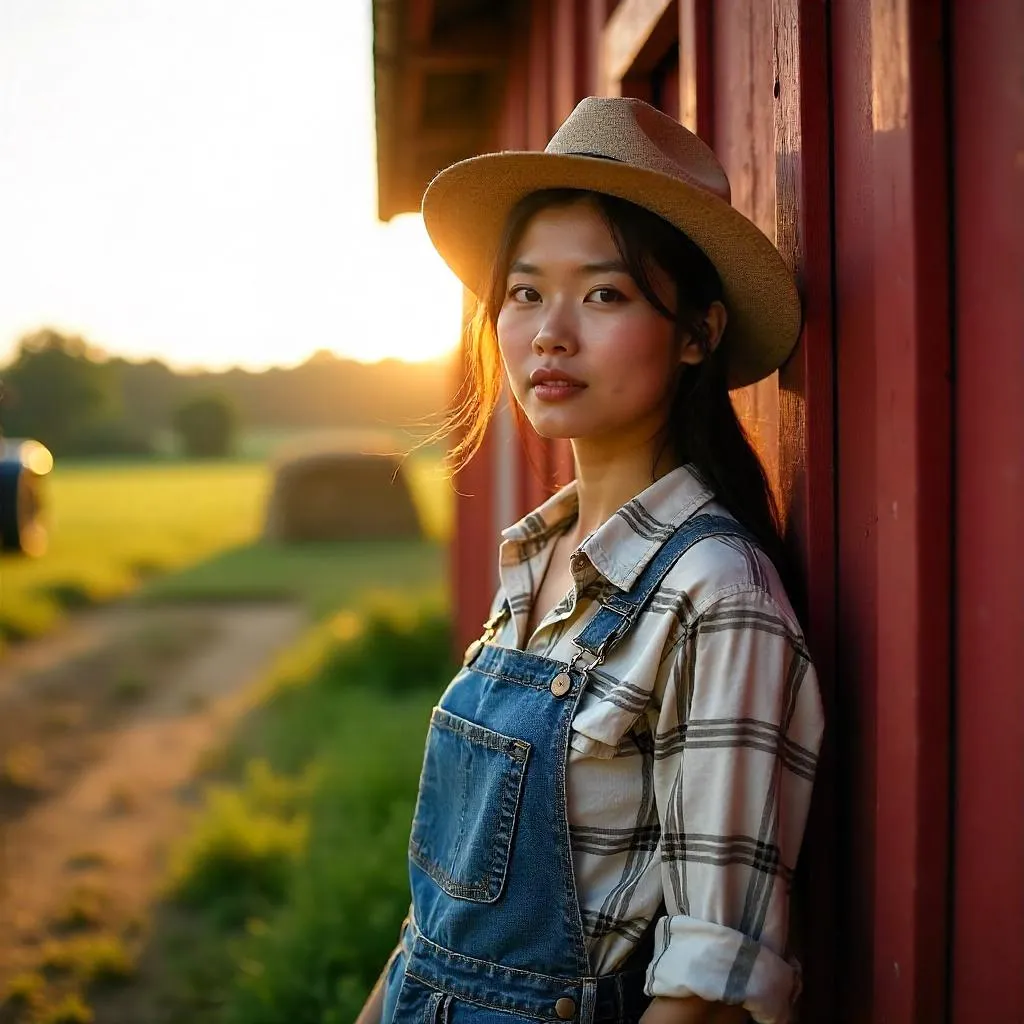 Golden Hour Farm Portrait: Asian Woman in Overalls