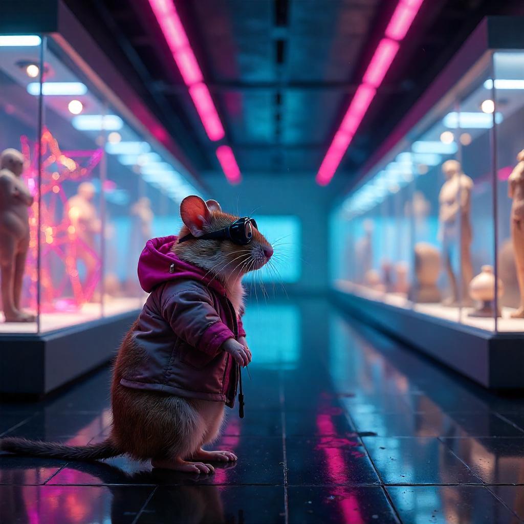 Neon Hamster Adventurer in a Cyberpunk Museum