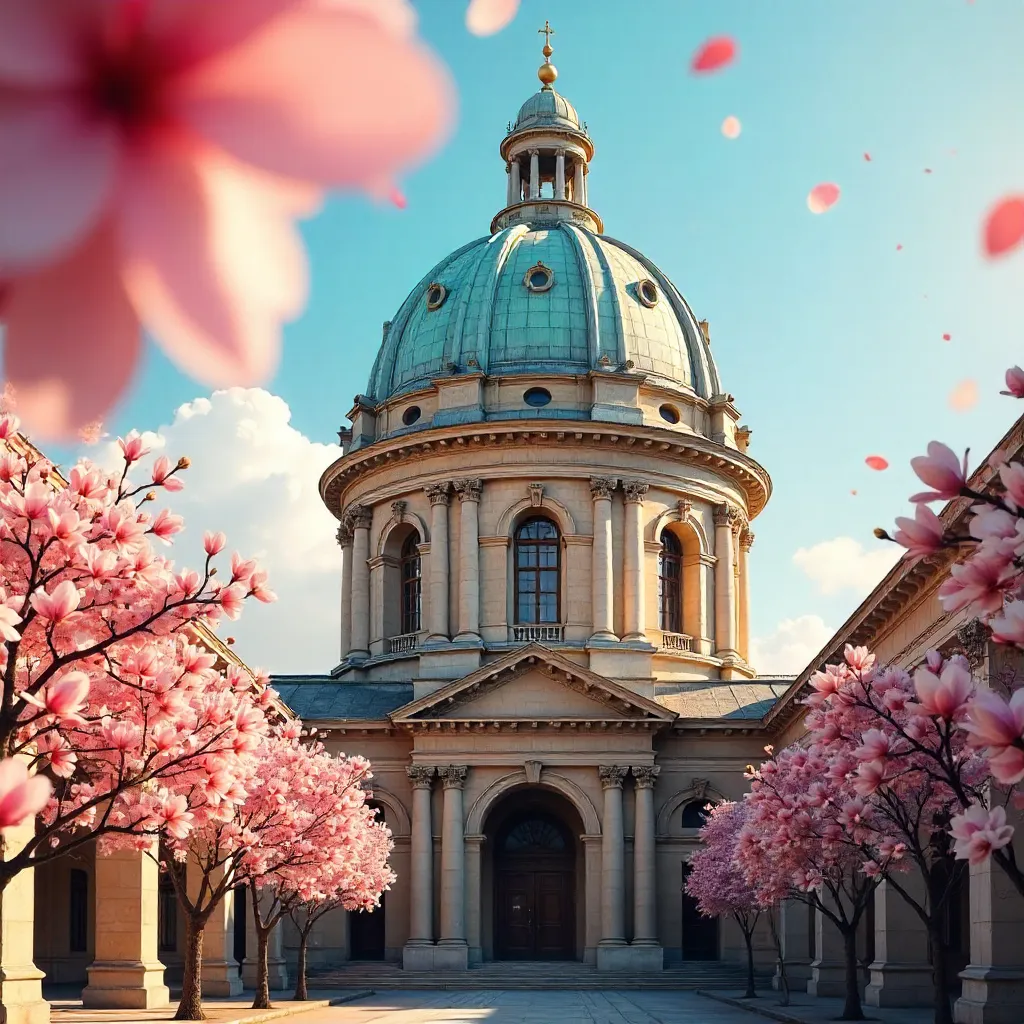 Historic Dome Framed by Spring Blossoms in Bloom