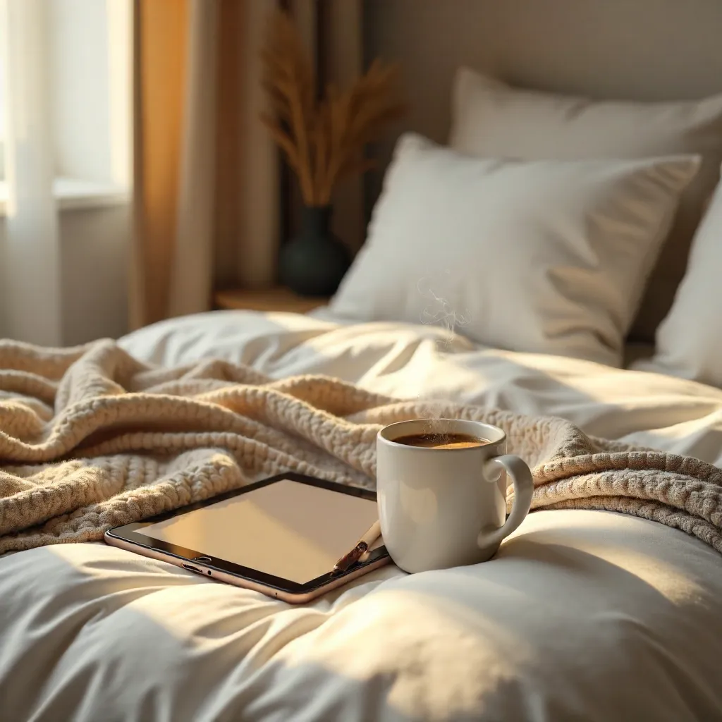 Cozy Morning Tablet and Coffee on the Bed