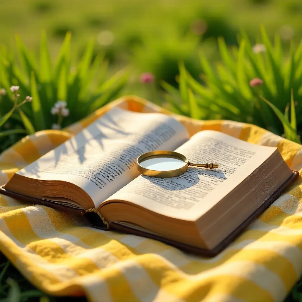 Open Book and Magnifying Glass on Yellow Gingham Blanket