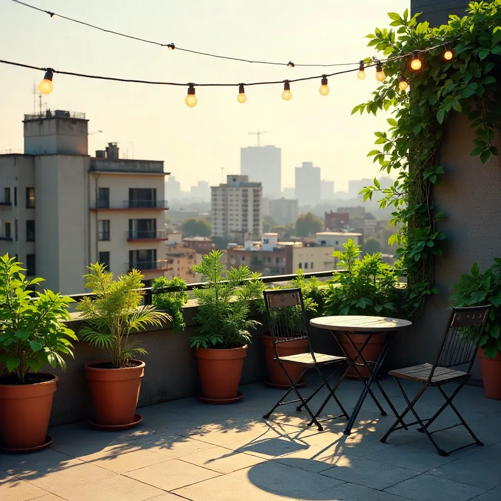 Urban Rooftop Terrace Oasis with Potted Plants