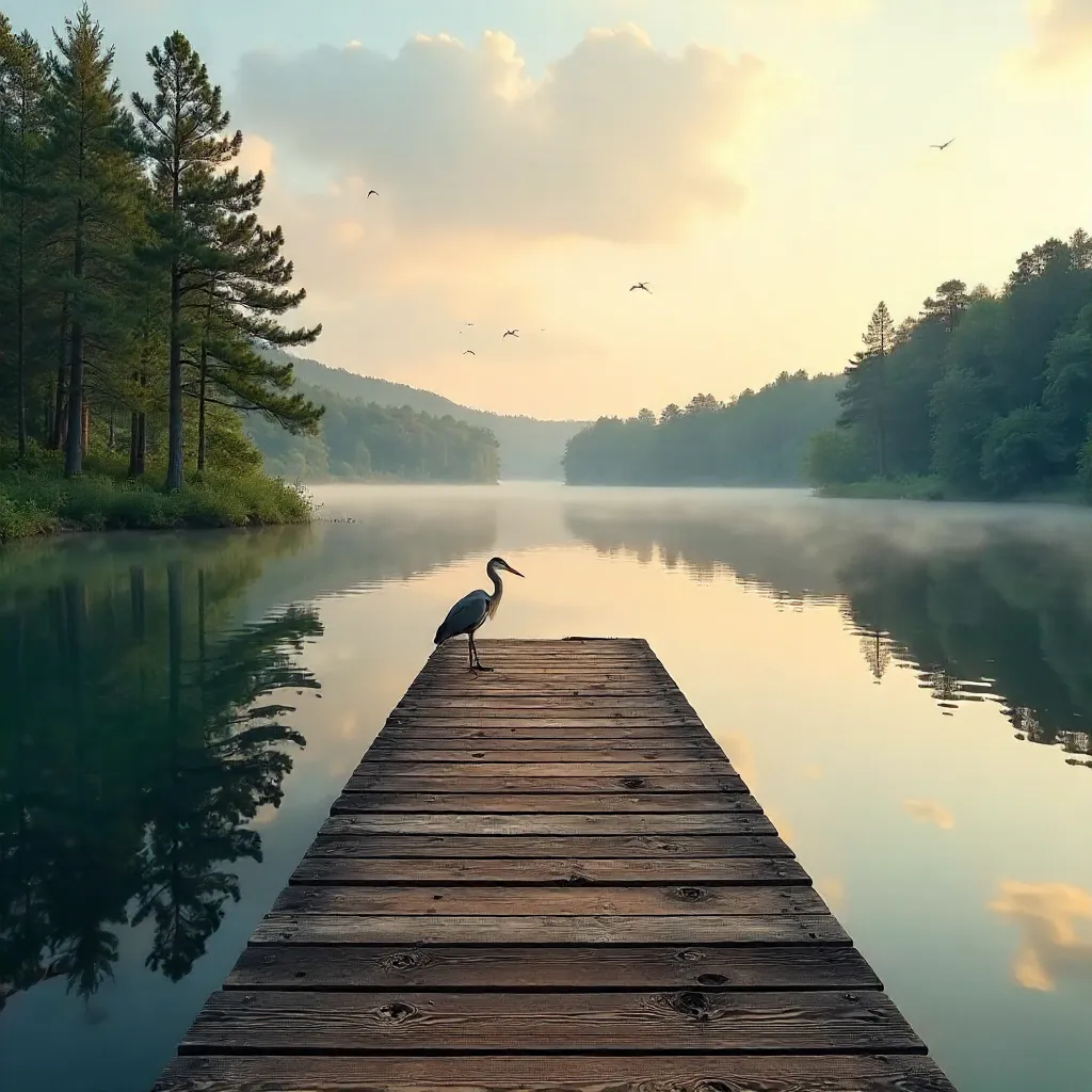 Peaceful Lakeside Dock Reflected in Calm Forest Waters