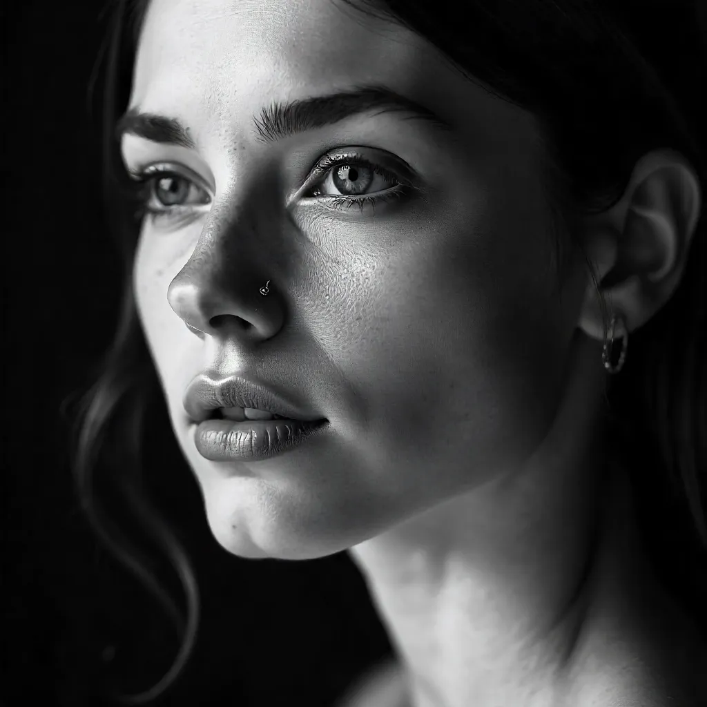 Serene Black-and-White Portrait with Nose Ring