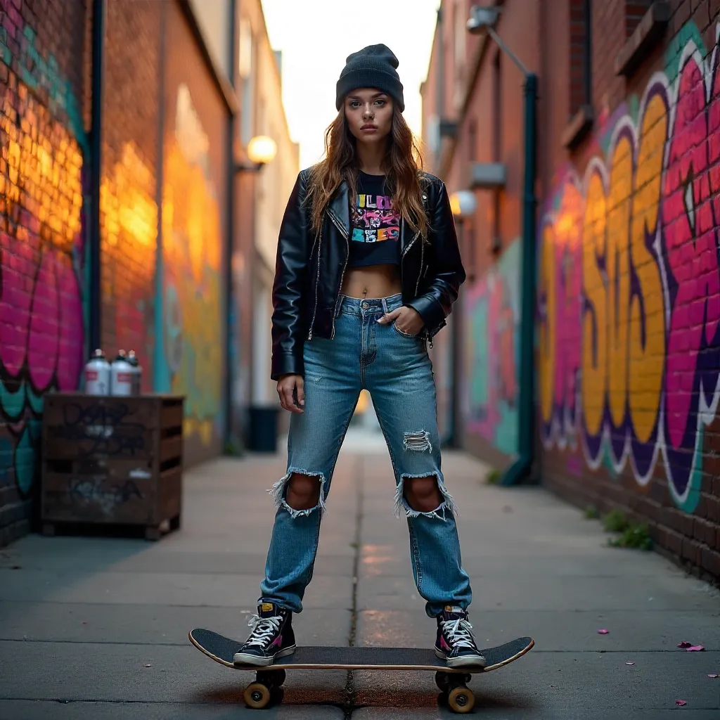 Confident Skater in Neon Graffiti Alley