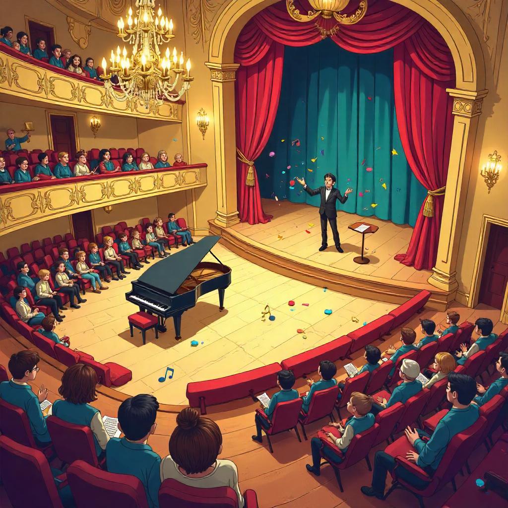 Playful Cartoon Earthquake in a Grand Concert Hall