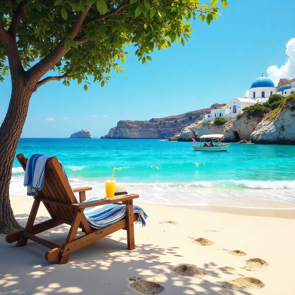 Serene Greek Beach: Blue Waves and Sunlit Vibes