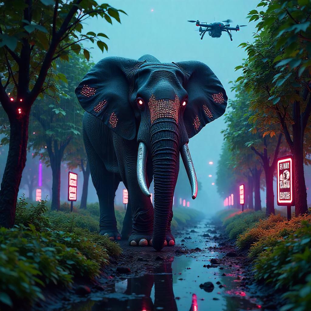 Neon Cyberpunk Elephant in a Bioluminescent Orchard