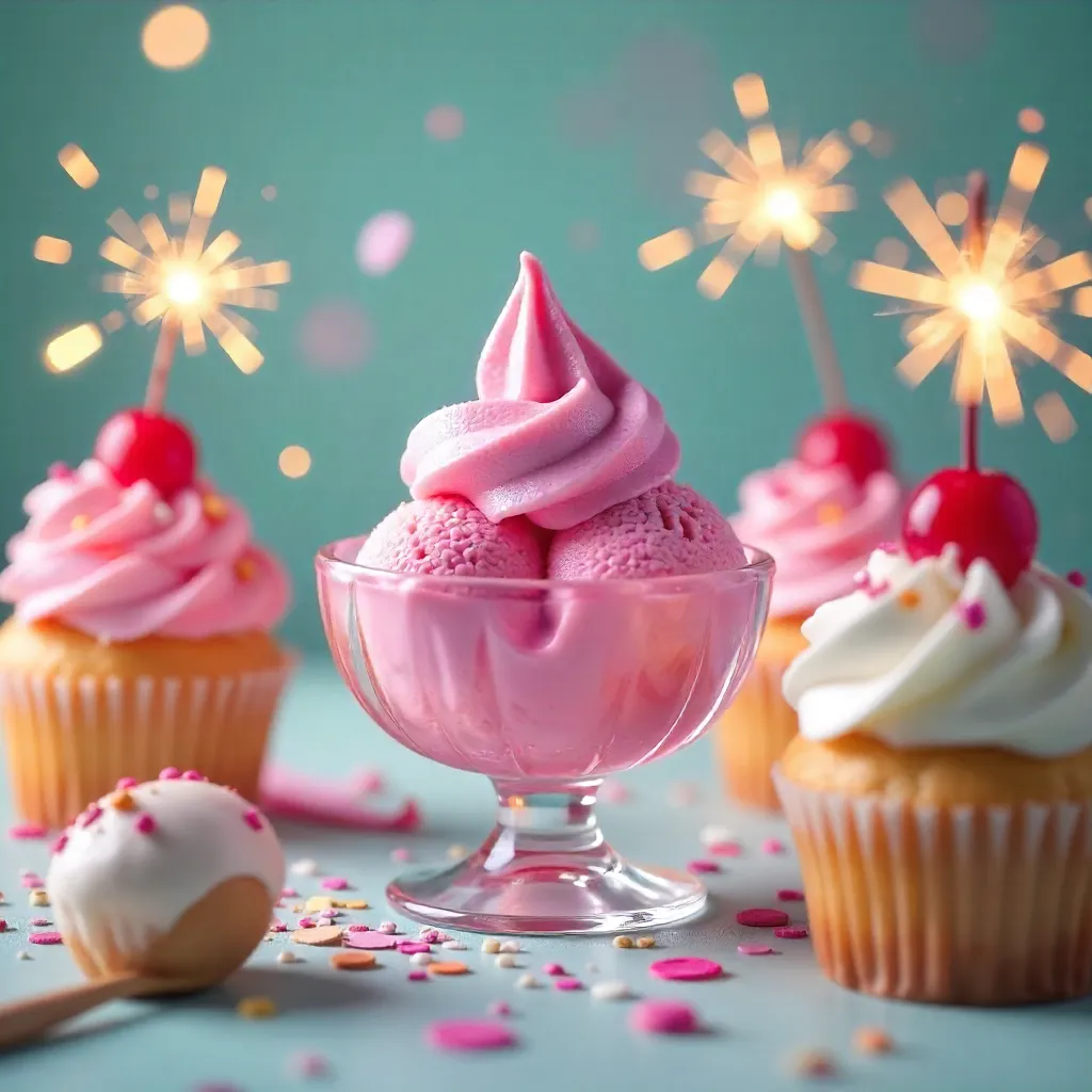 Festive Pink Ice Cream with Cupcakes and Sparklers