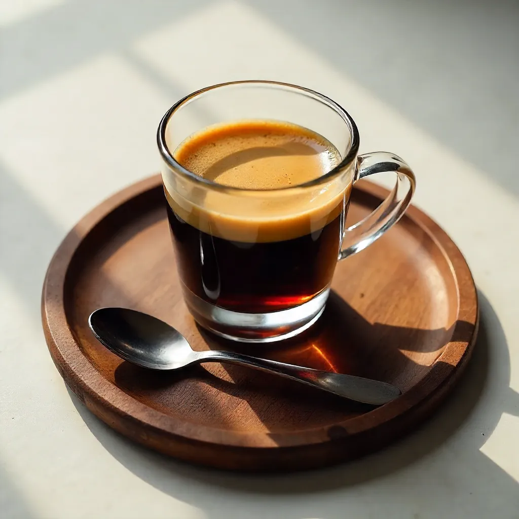 Minimalist Espresso in a Glass on Dark Wood Board