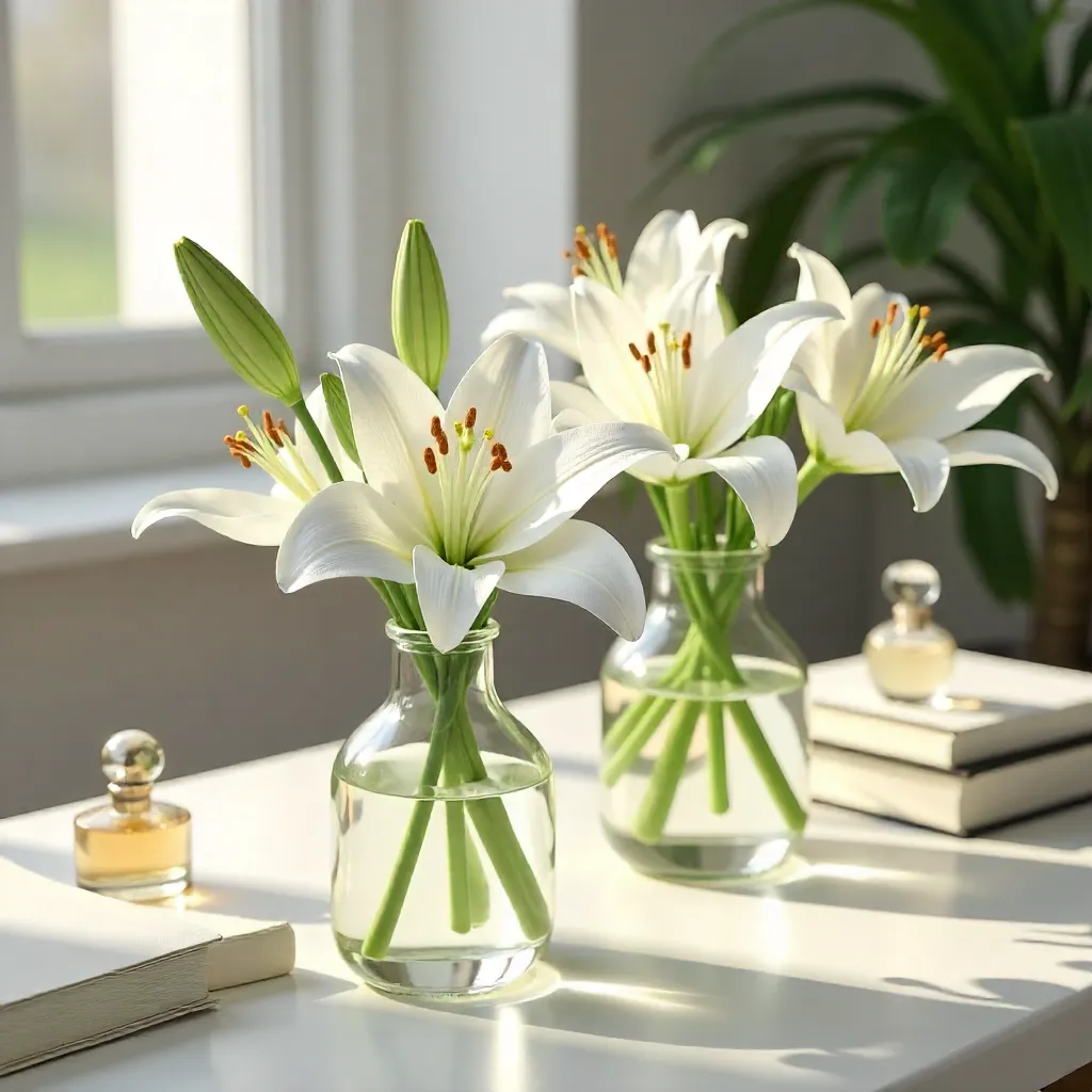 Minimalist Desk with White Lilies and Perfume