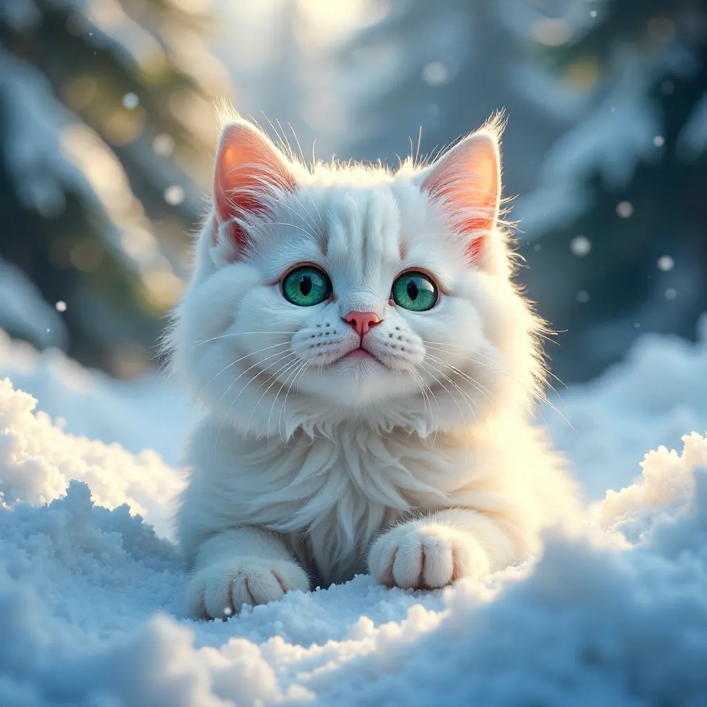 Fluffy Green-Eyed Cat Peeking Through Snow