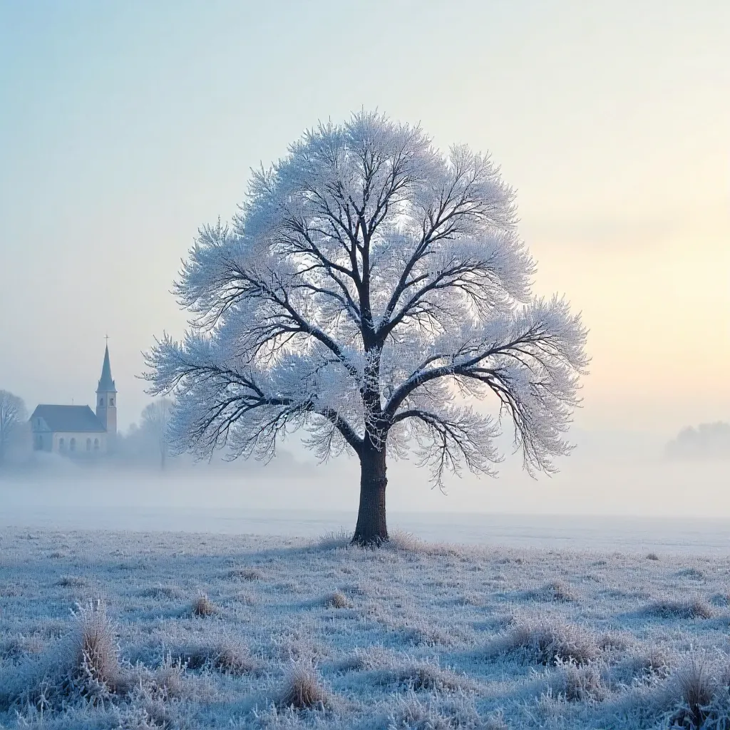 Lone Tree in a Misty Czech Winter Field