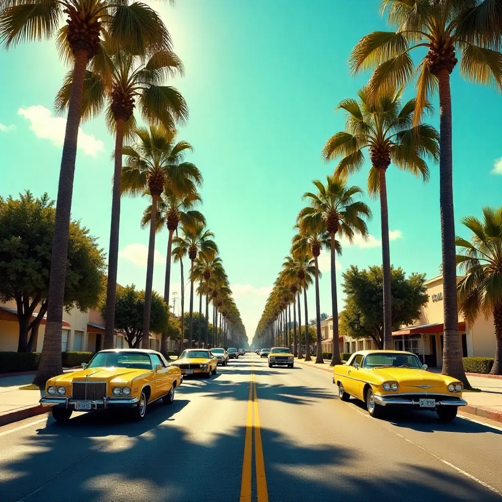 Palm-Lined Sunny Avenue Under Blue Skies